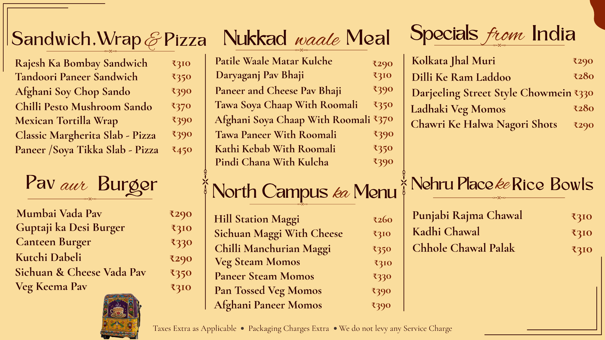 Menu page two showing sandwiches, meals, Indian specials and rice bowls