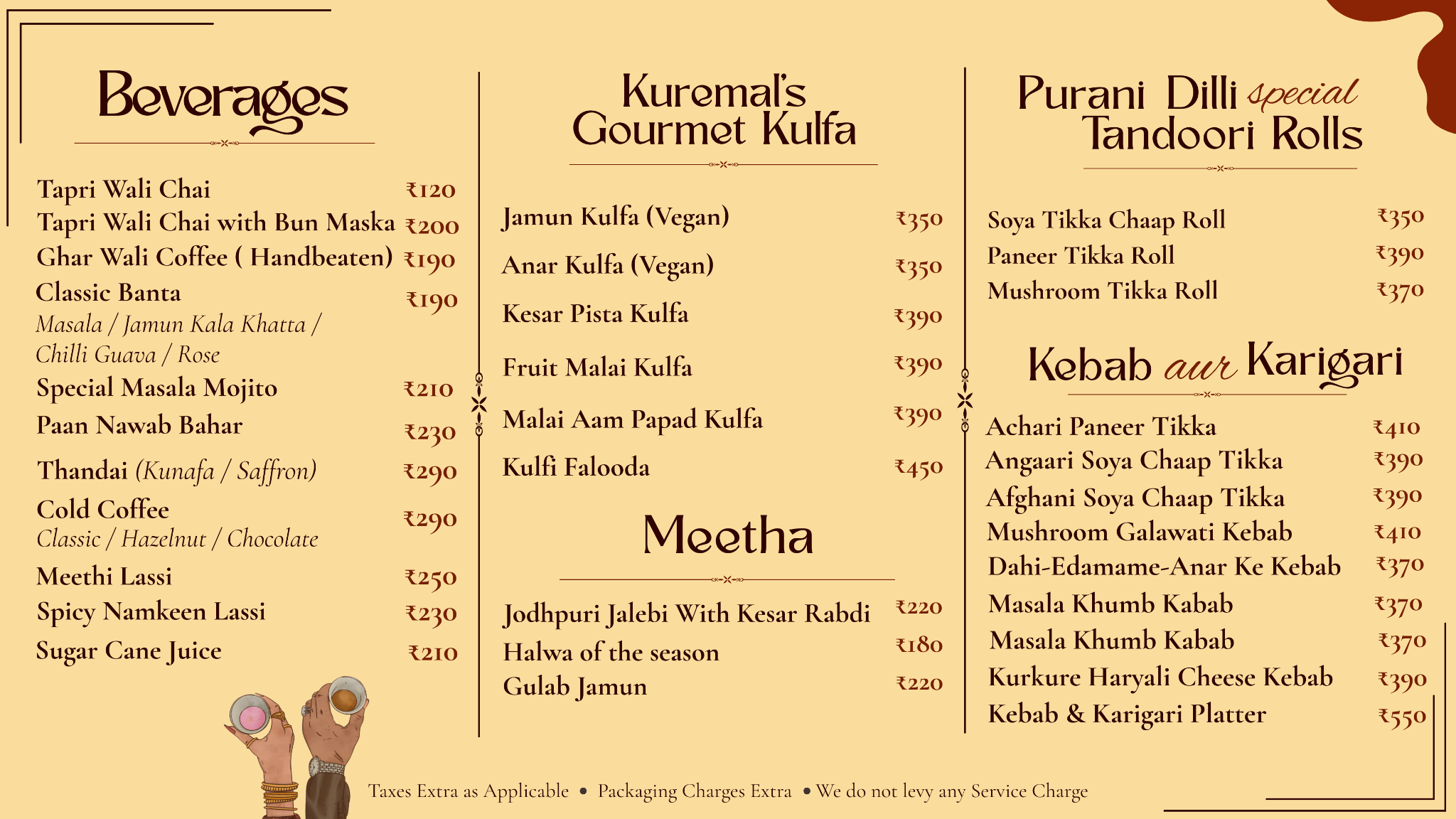 Menu page three showing beverages, kulfi, meetha, rolls and kebabs